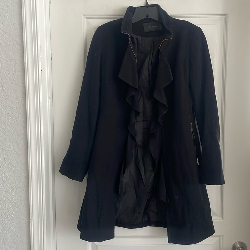 Tahari Black Ruffle Coat